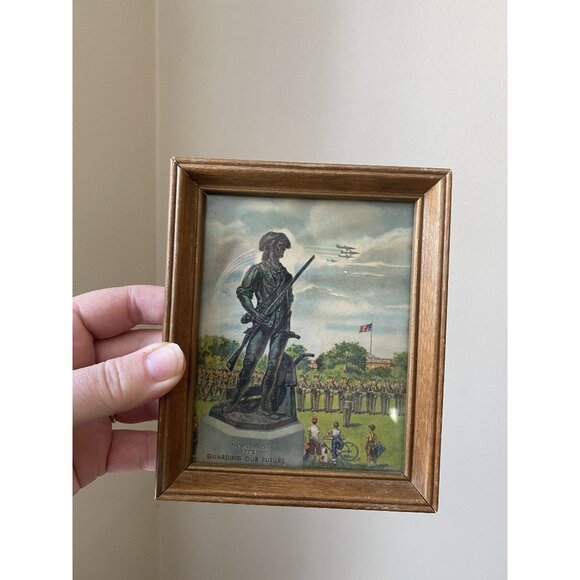 Vintage Framed Print Of The Minuteman Statue Guarding Our Future Scene With Wood - Picture 1 of 4